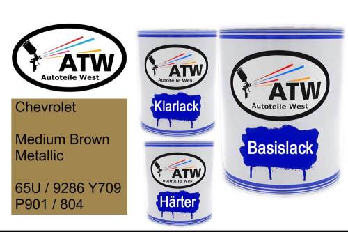 Chevrolet, Medium Brown Metallic, 65U / 9286 Y709 P901 / 804: 1L Lackdose + 1L Klarlack + 500ml Härter - Set, von ATW Autoteile West.